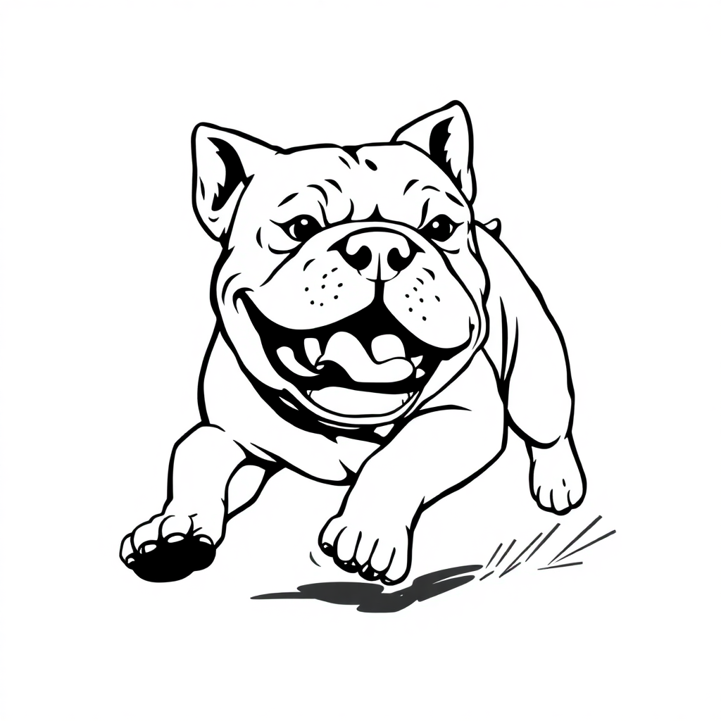 Bulldog dog — playing and running, energetic and joyful coloring page Woodcut style - free printable