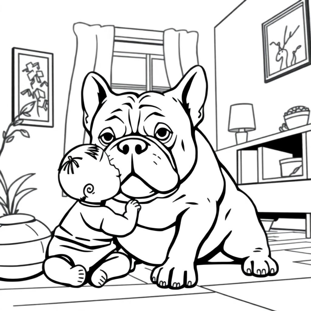 Bulldog dog — with a young child in a cozy home setting coloring page Contour style - free printable