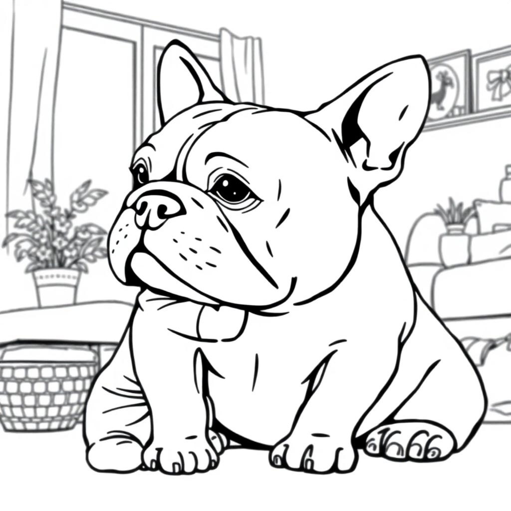 Bulldog dog — with a young child in a cozy home setting coloring page Manga style - free printable