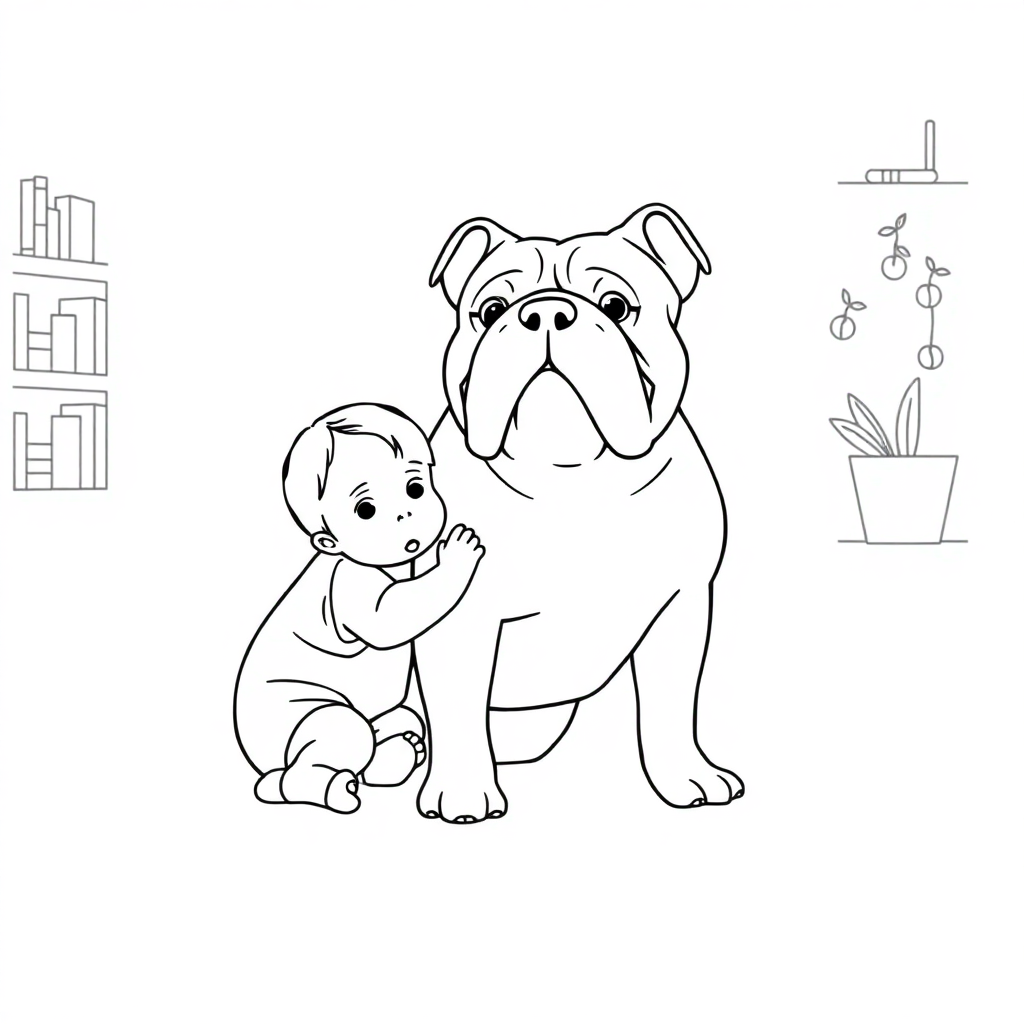 Bulldog dog — with a young child in a cozy home setting coloring page Minimal style - free printable