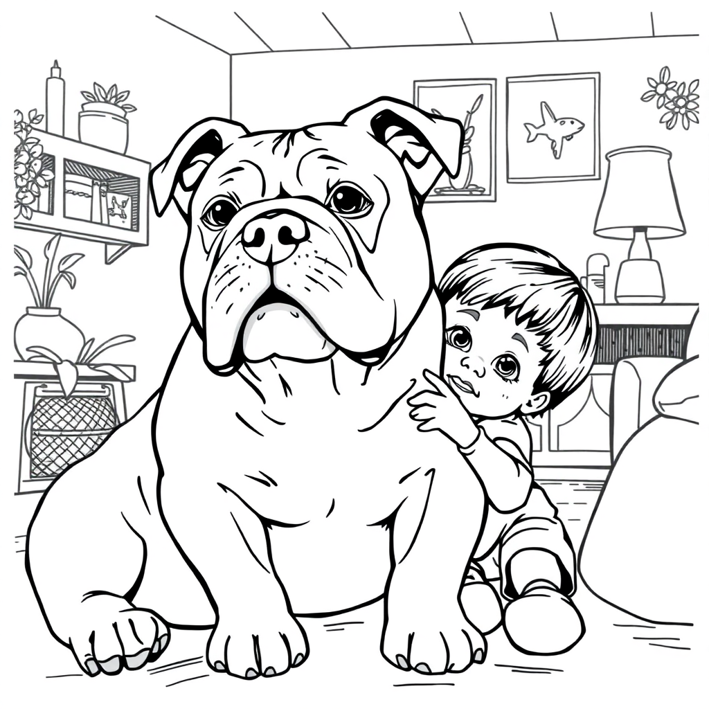 Bulldog dog — with a young child in a cozy home setting coloring page Rockwell style free printable