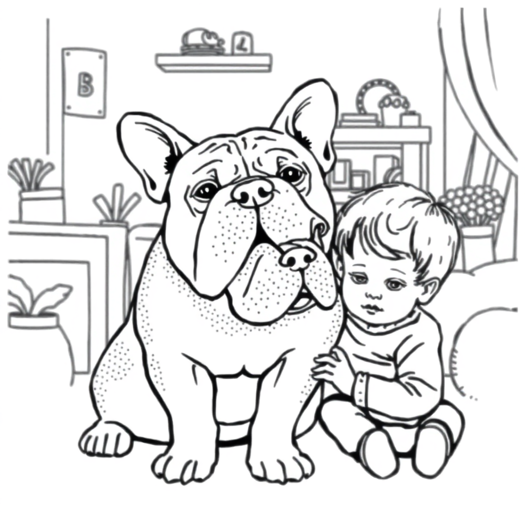 Bulldog dog — with a young child in a cozy home setting coloring page Stipple style - free printable