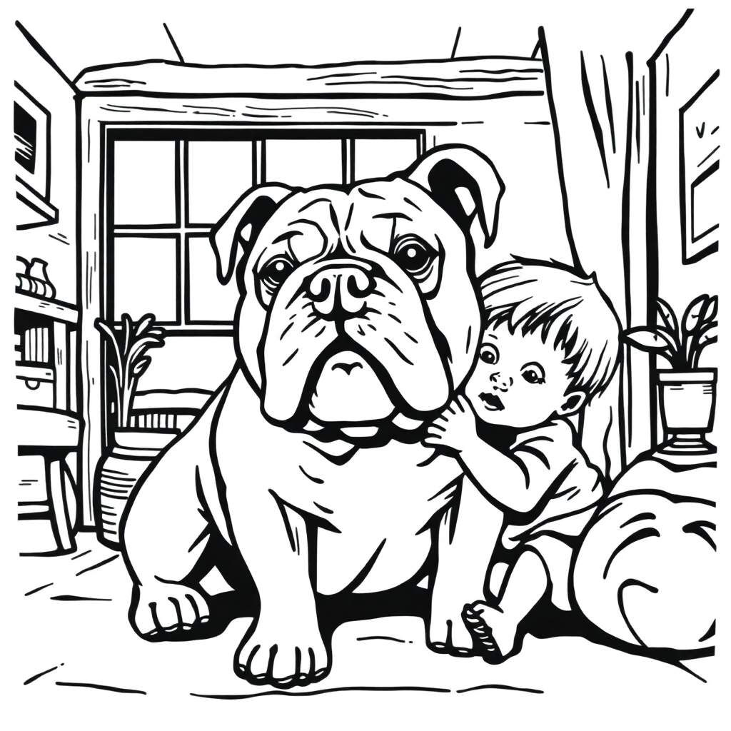 Bulldog dog — with a young child in a cozy home setting coloring page Woodcut style - free printable