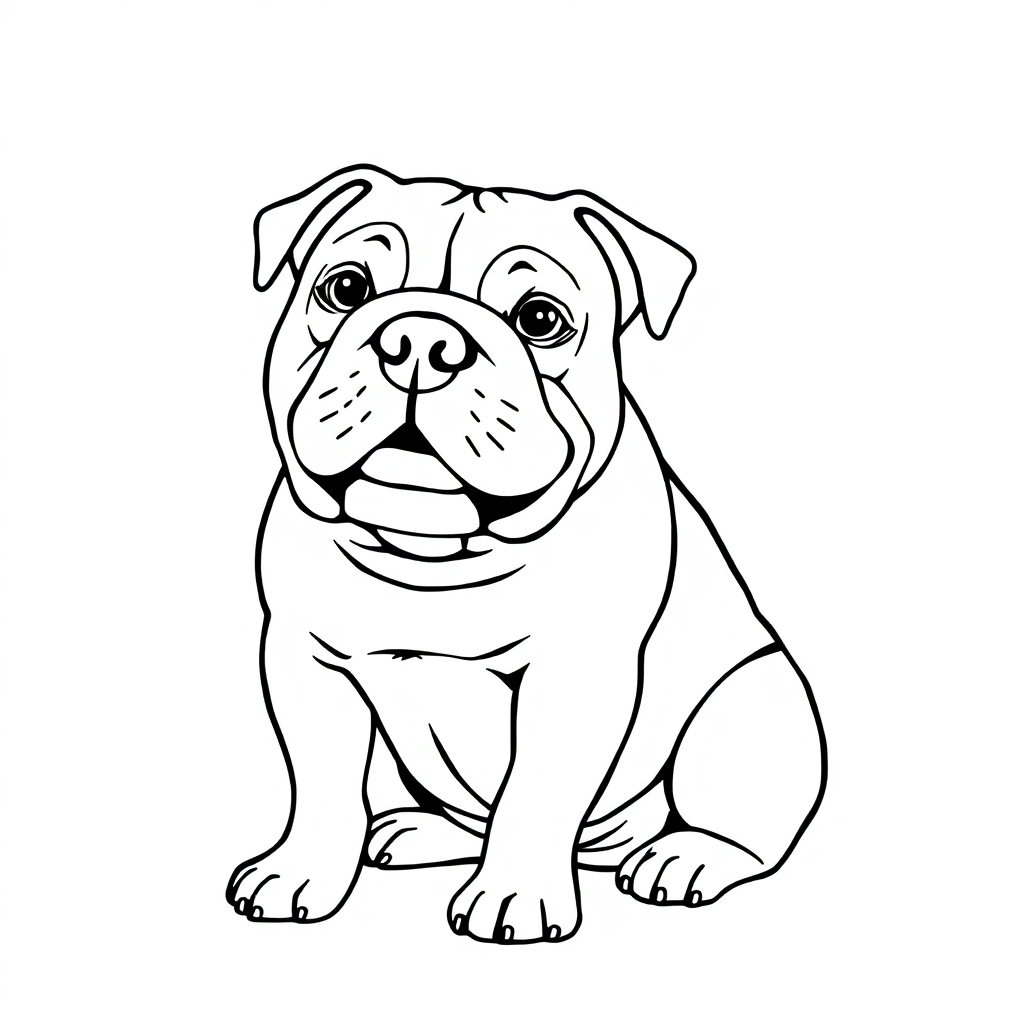 Bulldog dog — sitting portrait, looking at viewer, friendly expression coloring page Contour style free printable