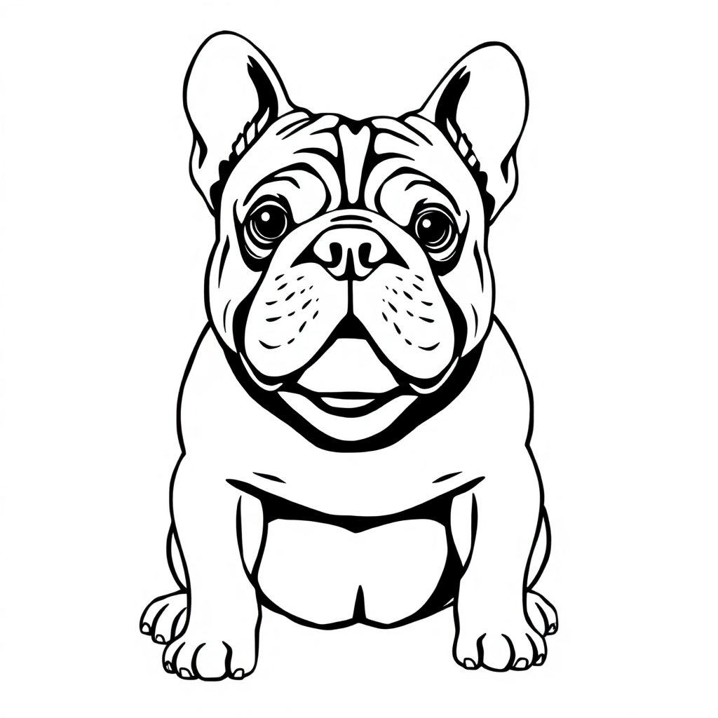 Bulldog dog — sitting portrait, looking at viewer, friendly expression coloring page Manga style free printable