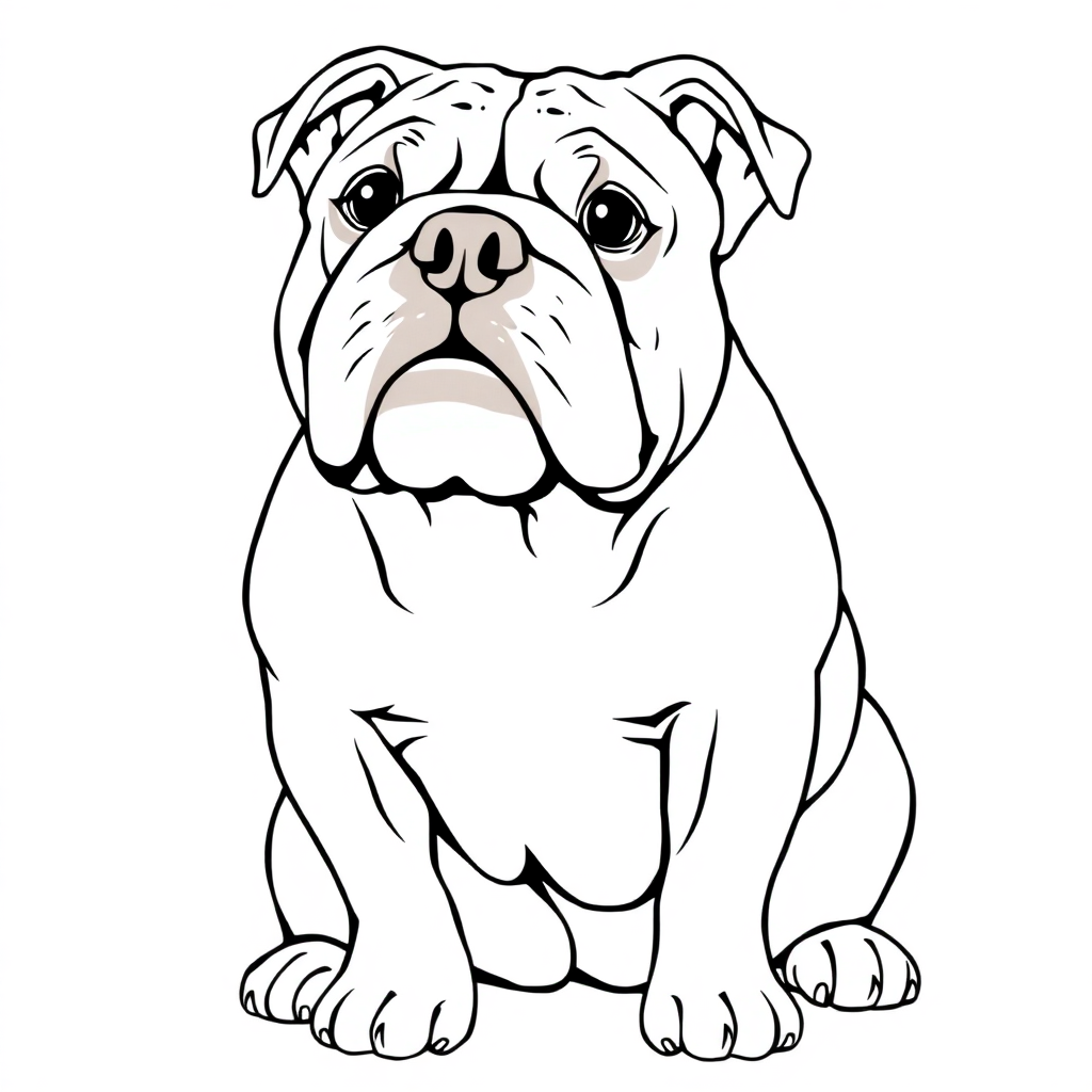 Bulldog dog — sitting portrait, looking at viewer, friendly expression coloring page Rockwell style free printable