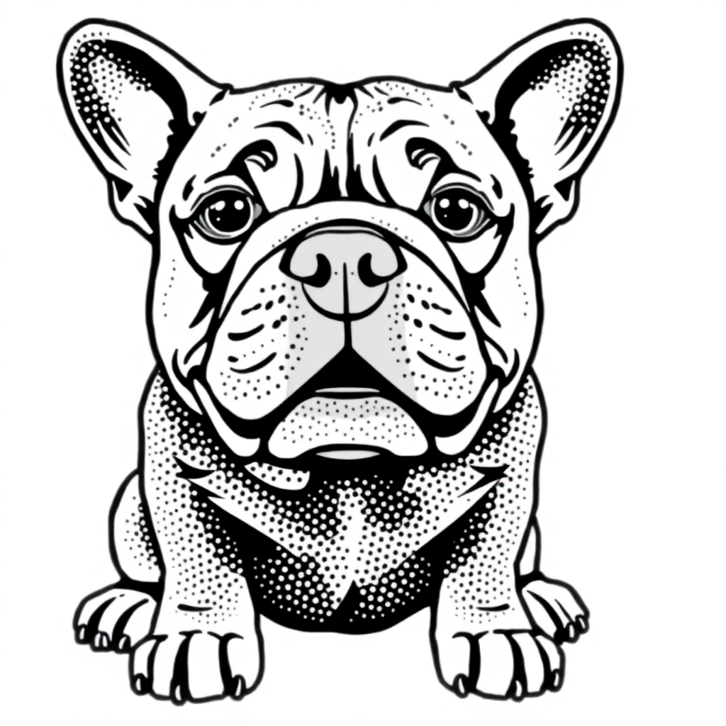 Bulldog dog — sitting portrait, looking at viewer, friendly expression coloring page Stipple style - free printable