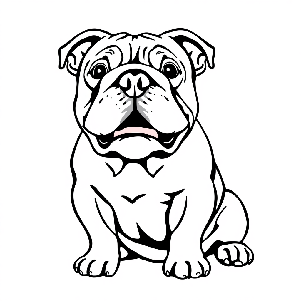 Bulldog dog — sitting portrait, looking at viewer, friendly expression coloring page Woodcut style - free printable
