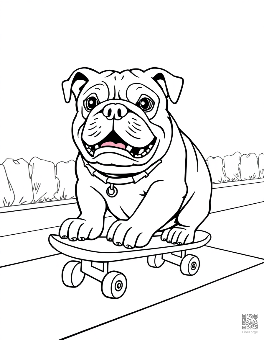 bulldog skateboarding on a sidewalk coloring page Contour style - free printable