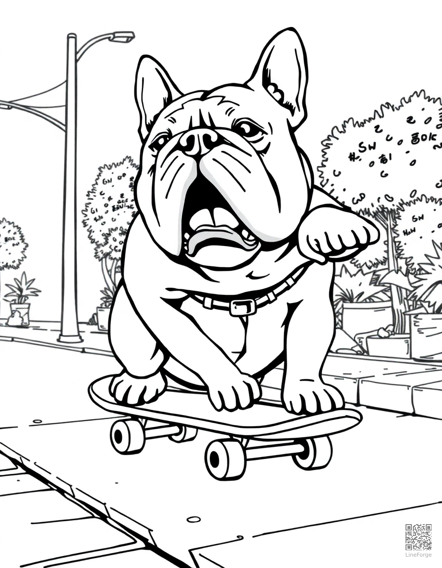 bulldog skateboarding on a sidewalk coloring page Manga style - free printable