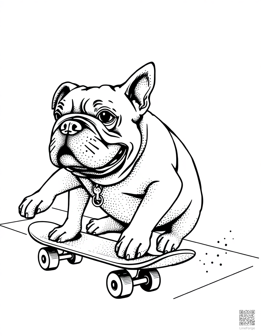 bulldog skateboarding on a sidewalk coloring page Stipple style - free printable