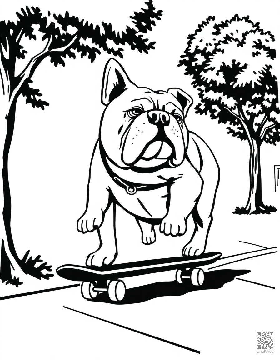 bulldog skateboarding on a sidewalk coloring page Woodcut style - free printable