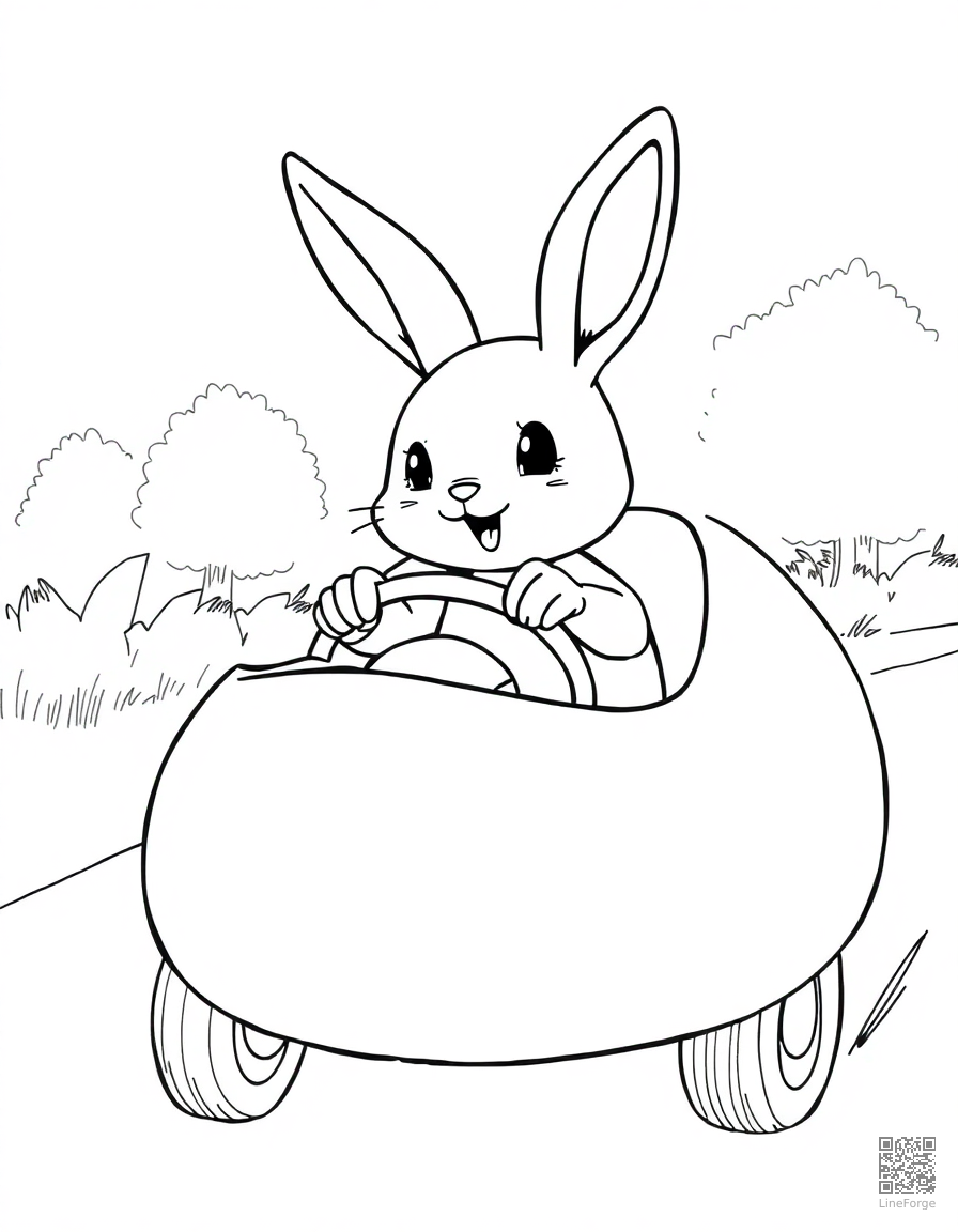 bunny driving an egg-shaped car coloring page Manga style - free printable