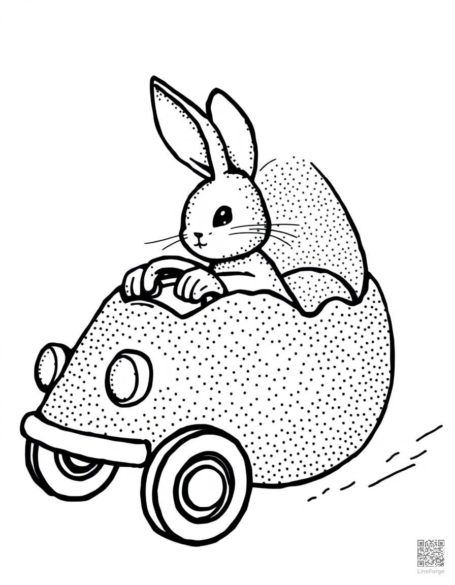 bunny driving an egg-shaped car coloring page Stipple style - free printable