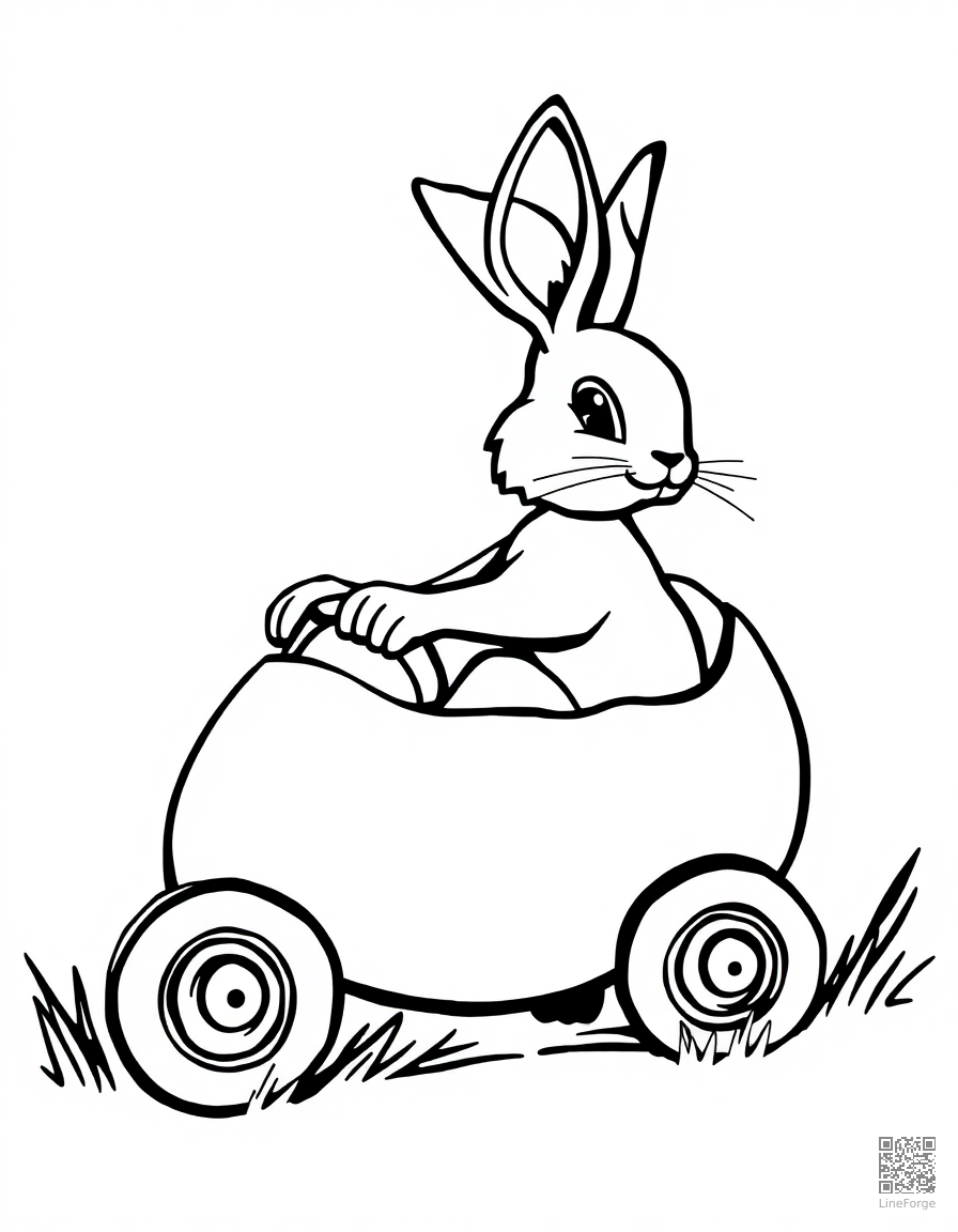 bunny driving an egg-shaped car coloring page Woodcut style - free printable