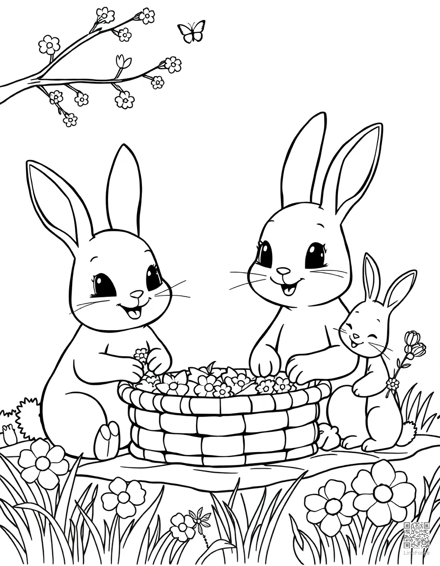 bunny family having a spring picnic coloring page Contour style - free printable