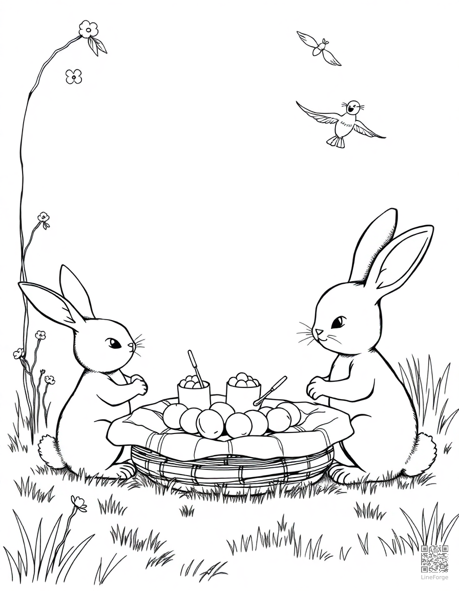 bunny family having a spring picnic coloring page Crosshatch style - free printable