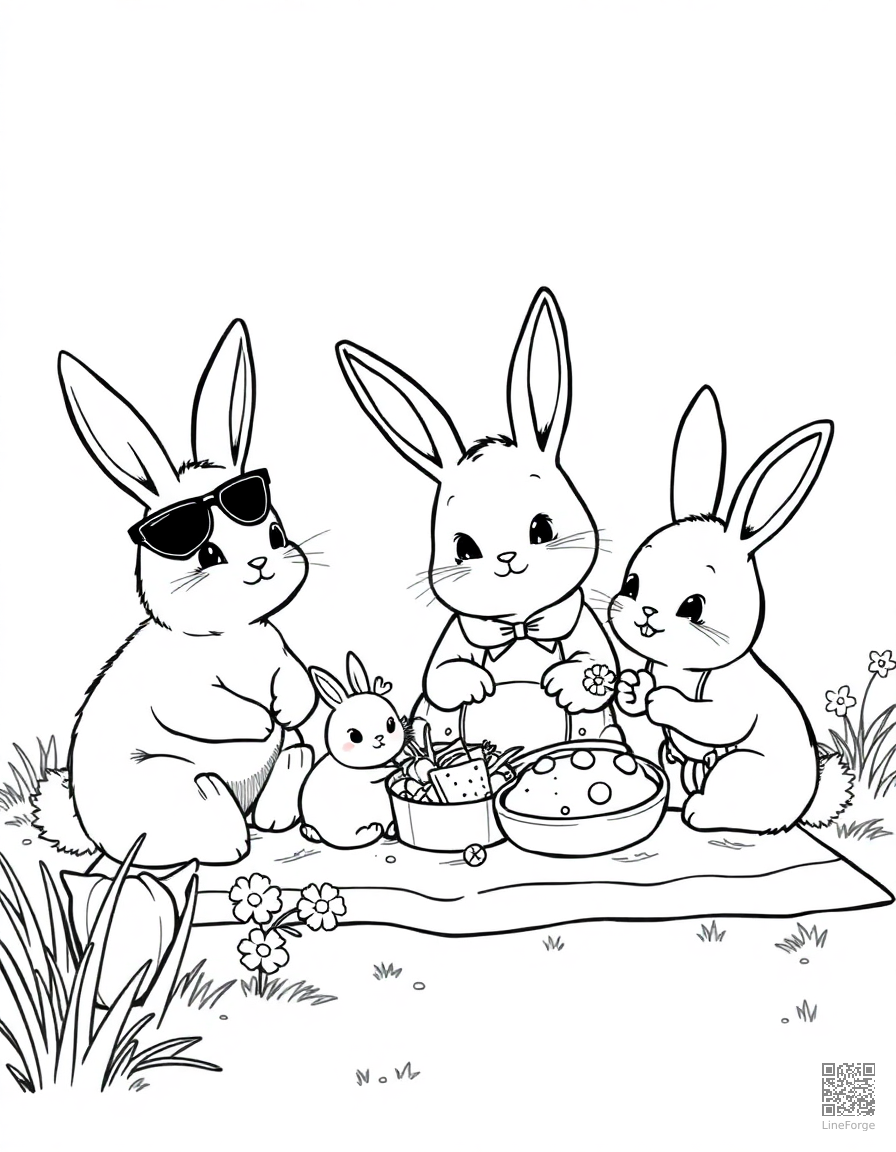 bunny family having a spring picnic coloring page Manga style - free printable