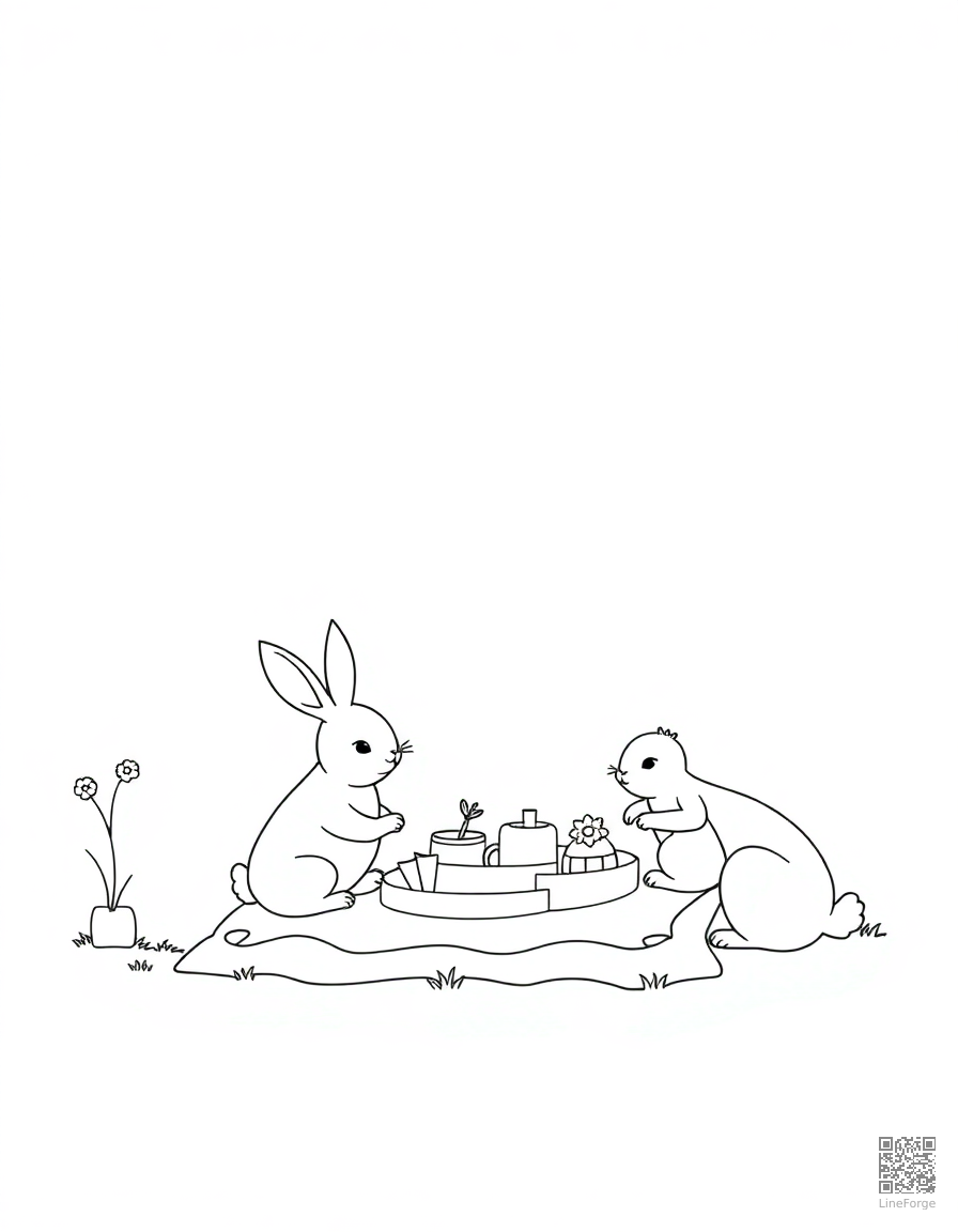 bunny family having a spring picnic coloring page Minimal style - free printable
