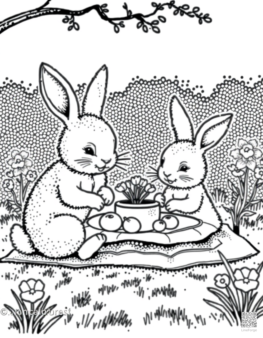 bunny family having a spring picnic coloring page Stipple style - free printable