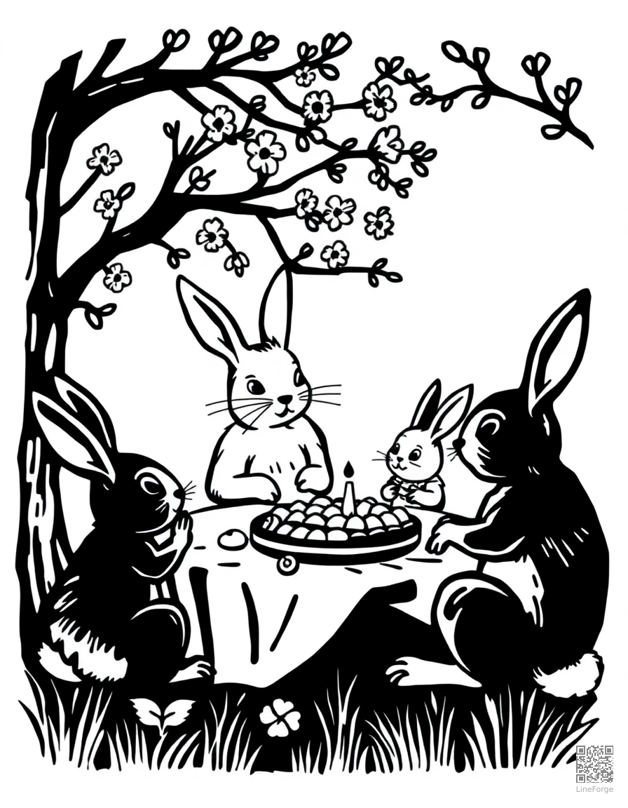 bunny family having a spring picnic coloring page Woodcut style - free printable