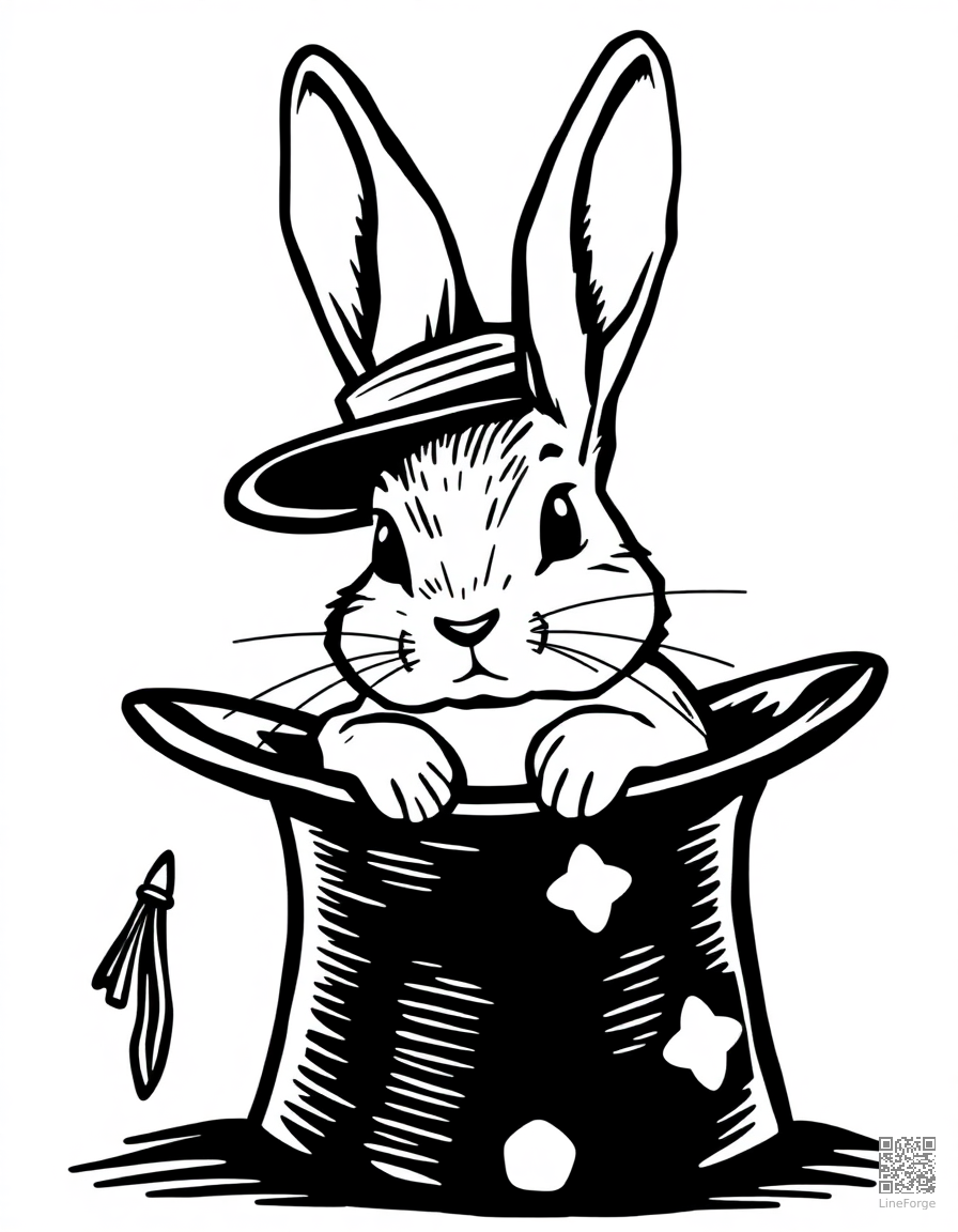 bunny in a magicians hat coloring page Woodcut style - free printable