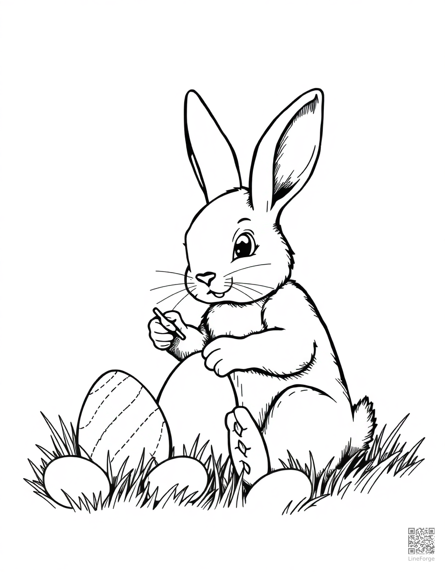 bunny painting easter eggs coloring page Crosshatch style - free printable