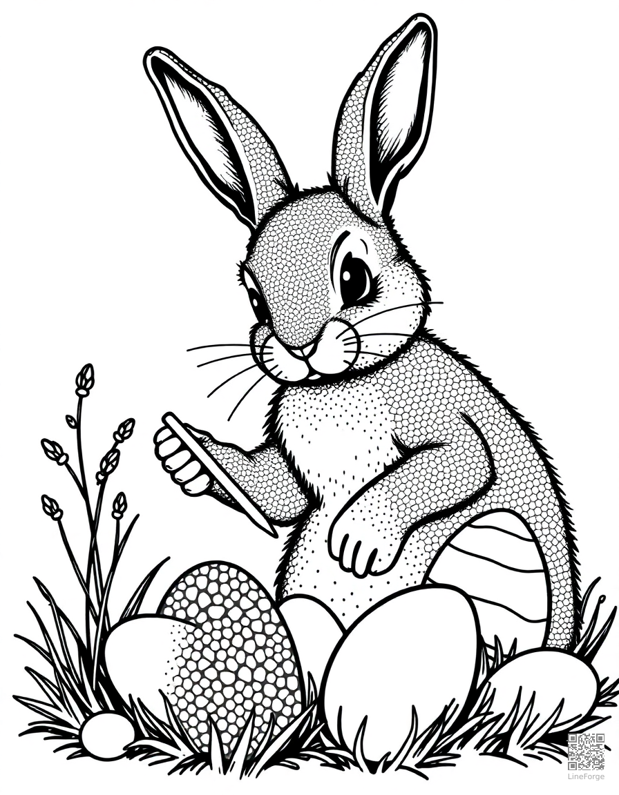 bunny painting easter eggs coloring page Stipple style - free printable