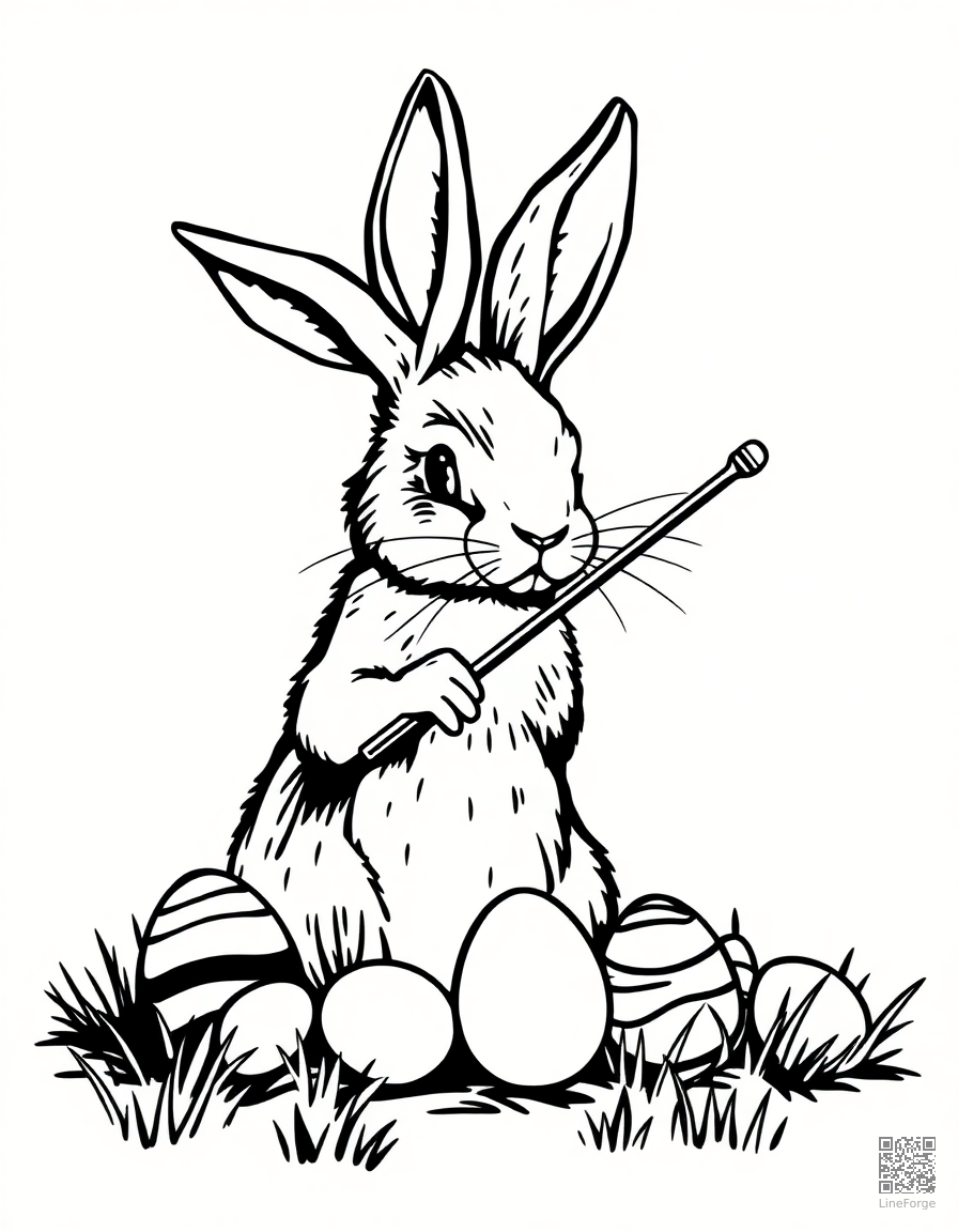 bunny painting easter eggs coloring page Woodcut style - free printable