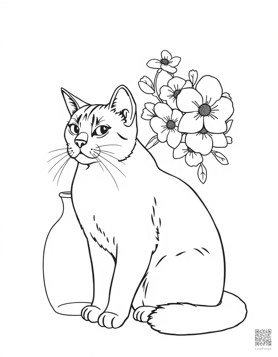 burmese cat sitting next to a vase of flowers coloring page Contour style - free printable