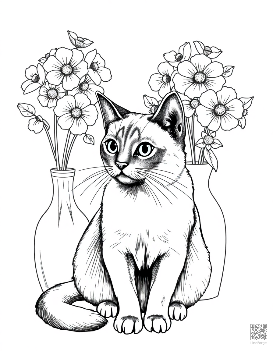 burmese cat sitting next to a vase of flowers coloring page Crosshatch style - free printable