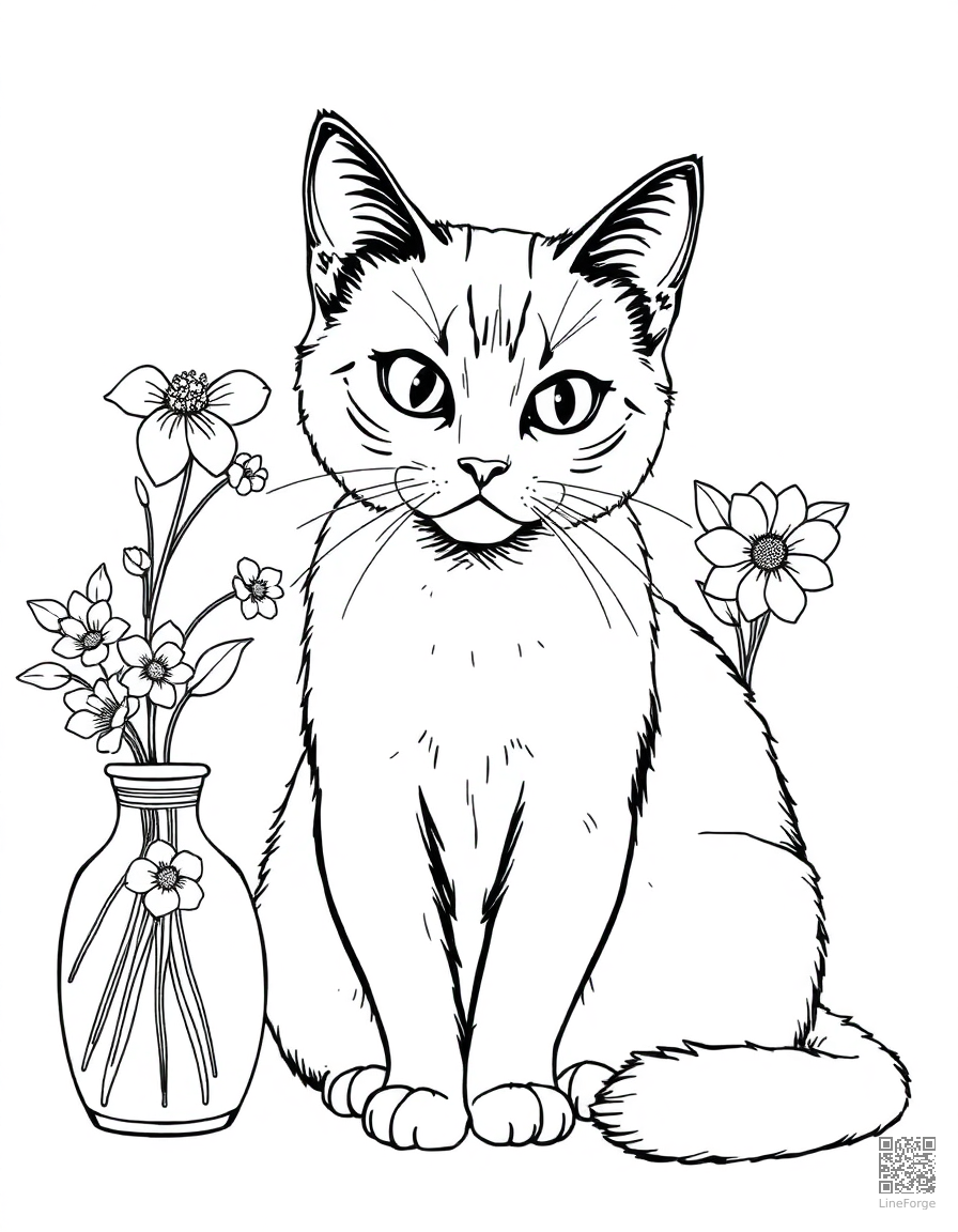 burmese cat sitting next to a vase of flowers coloring page Manga style - free printable