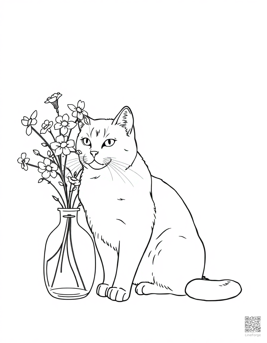 burmese cat sitting next to a vase of flowers coloring page Minimal style - free printable