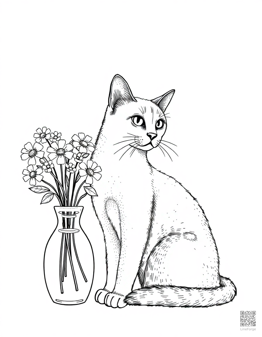 burmese cat sitting next to a vase of flowers coloring page Stipple style - free printable