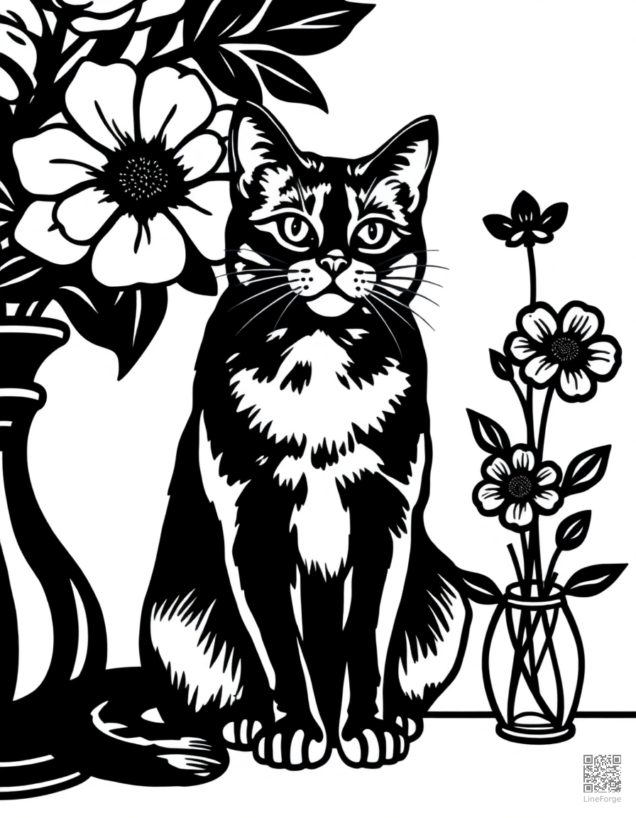 burmese cat sitting next to a vase of flowers coloring page Woodcut style - free printable