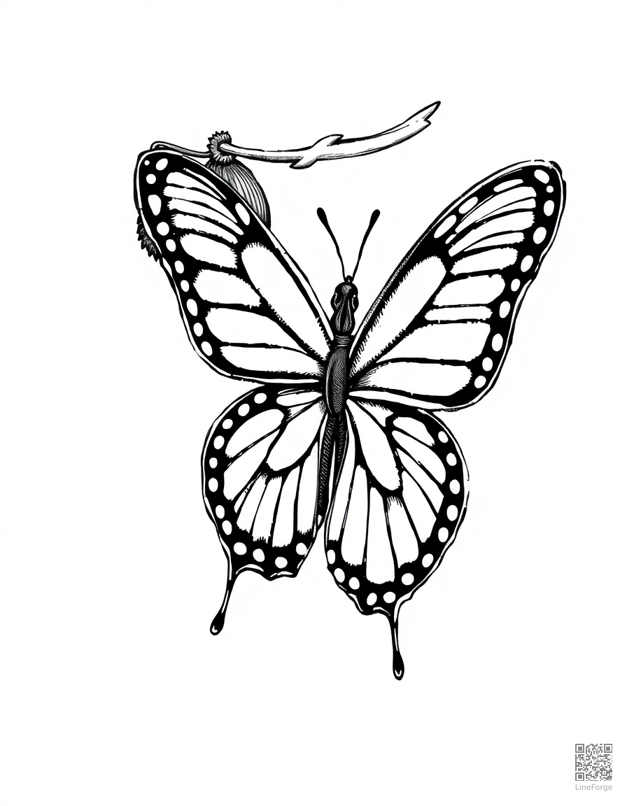 butterfly emerging from its chrysalis coloring page Crosshatch style - free printable