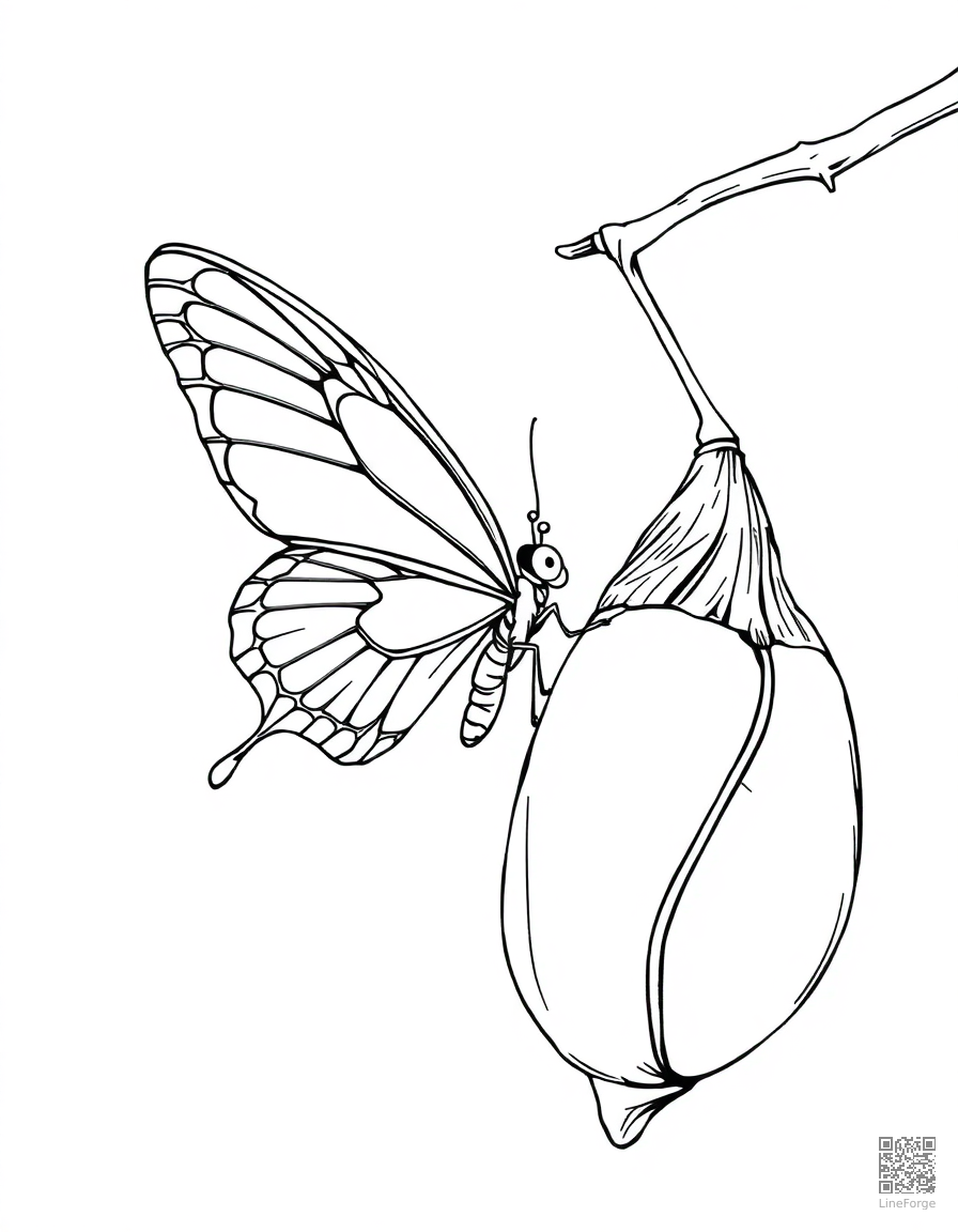 butterfly emerging from its chrysalis coloring page Manga style - free printable