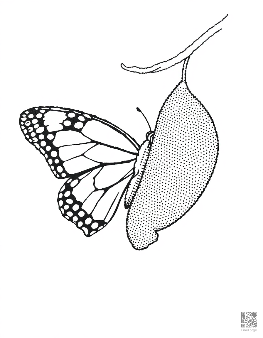 butterfly emerging from its chrysalis coloring page Stipple style - free printable