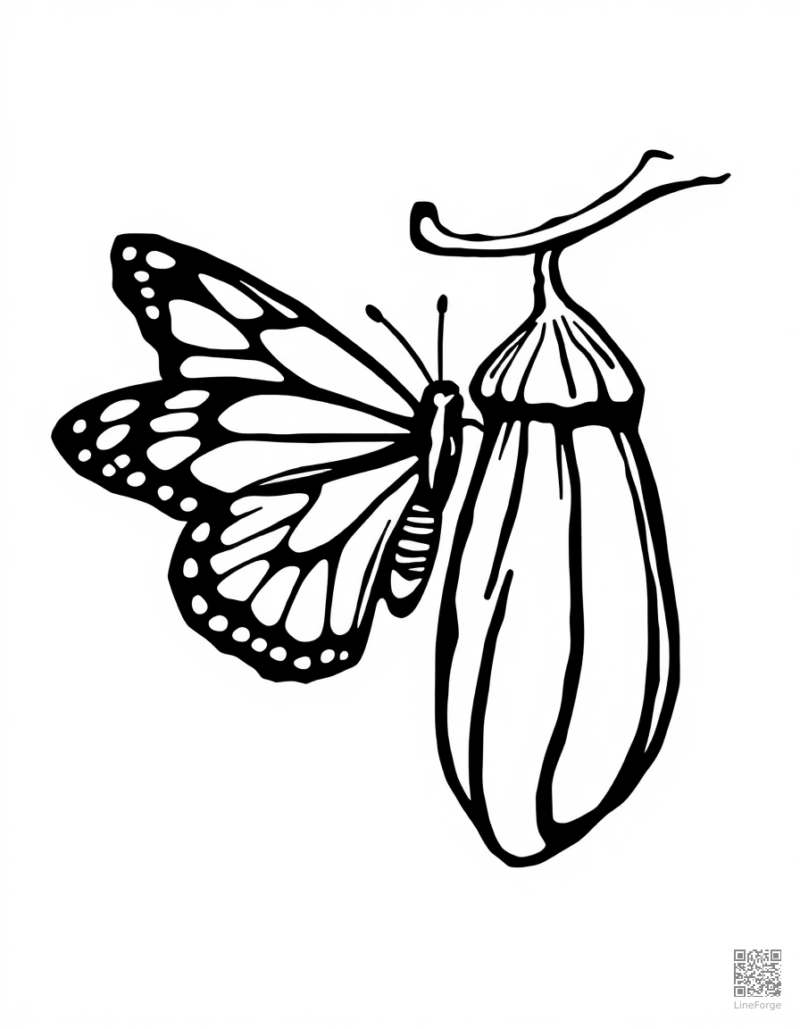 butterfly emerging from its chrysalis coloring page Woodcut style - free printable