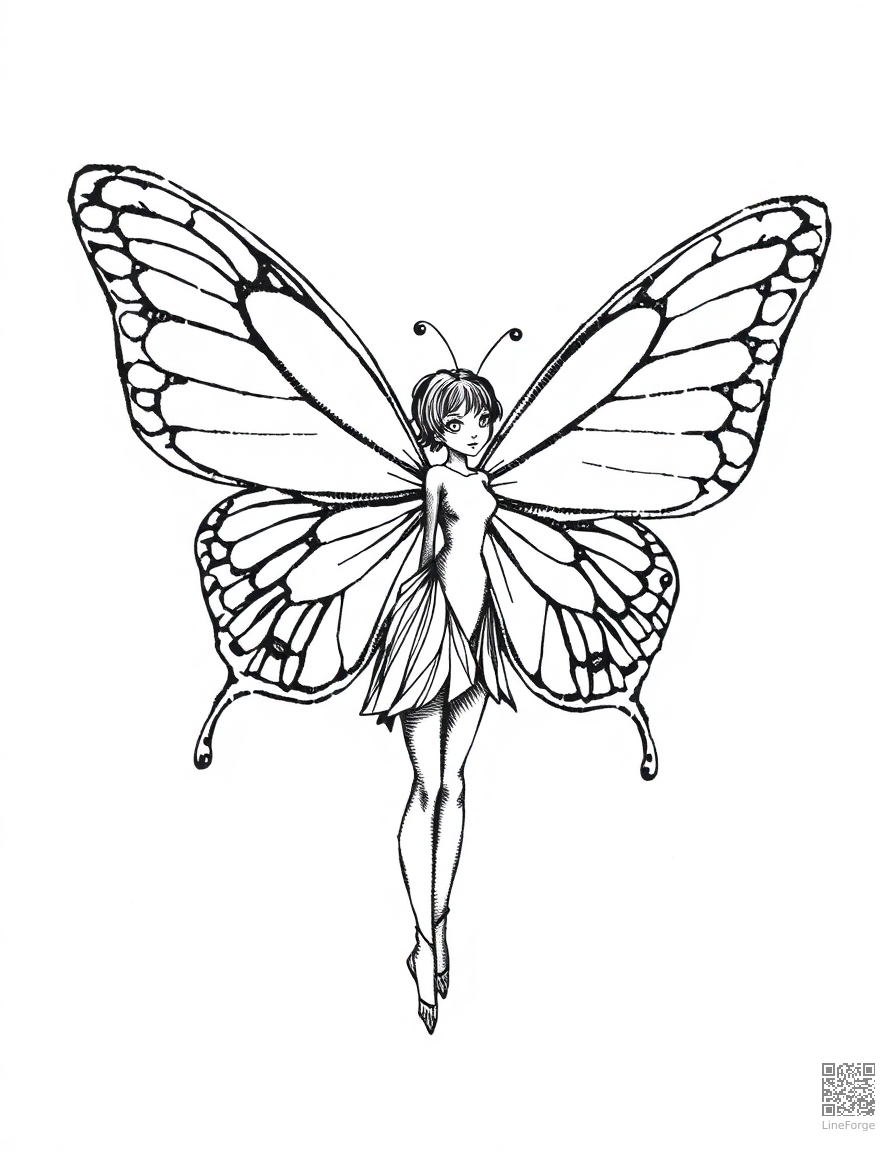 butterfly fairy with human body and butterfly wings coloring page Crosshatch style - free printable