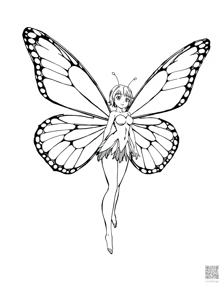 butterfly fairy with human body and butterfly wings coloring page Manga style - free printable