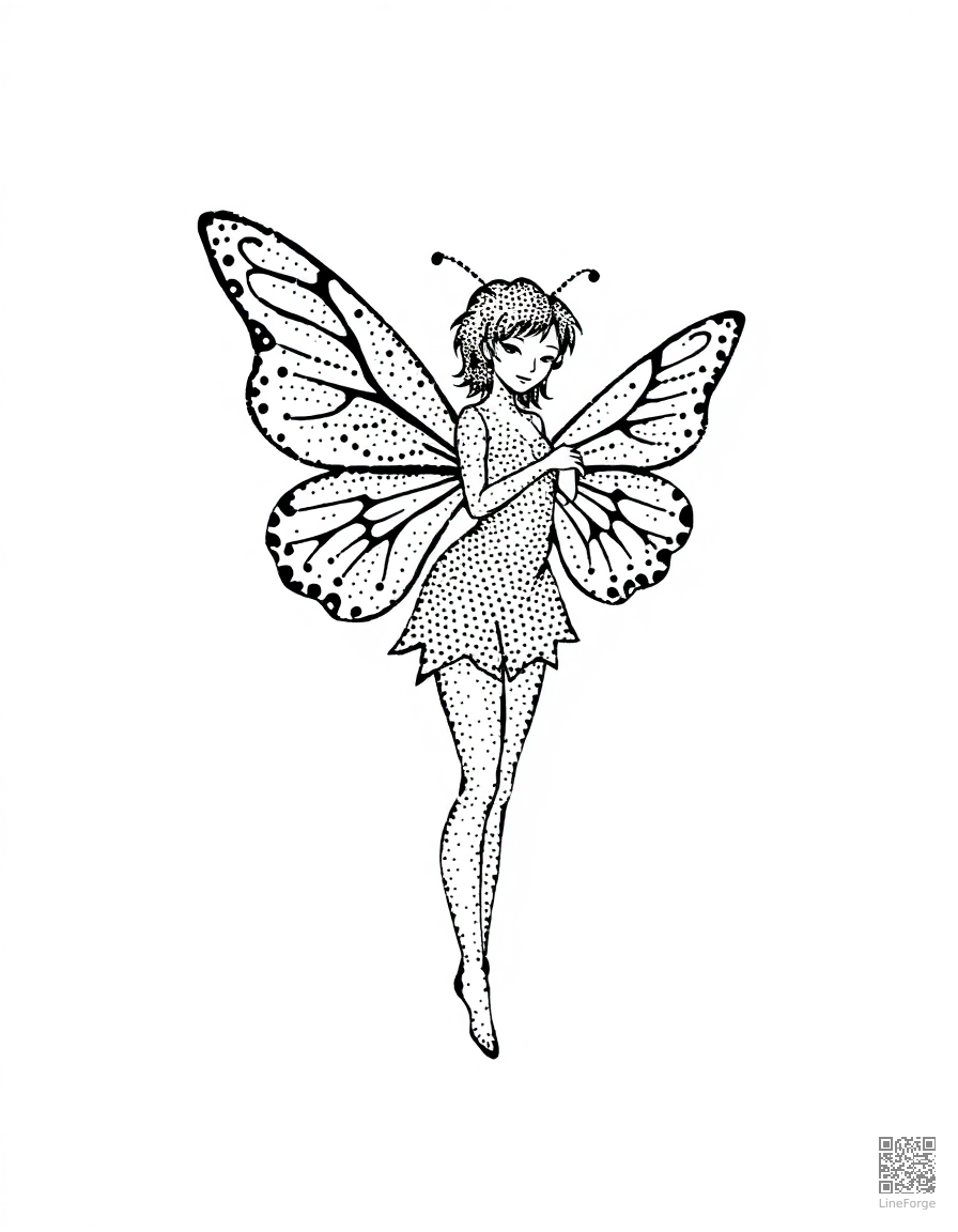 butterfly fairy with human body and butterfly wings coloring page Stipple style - free printable