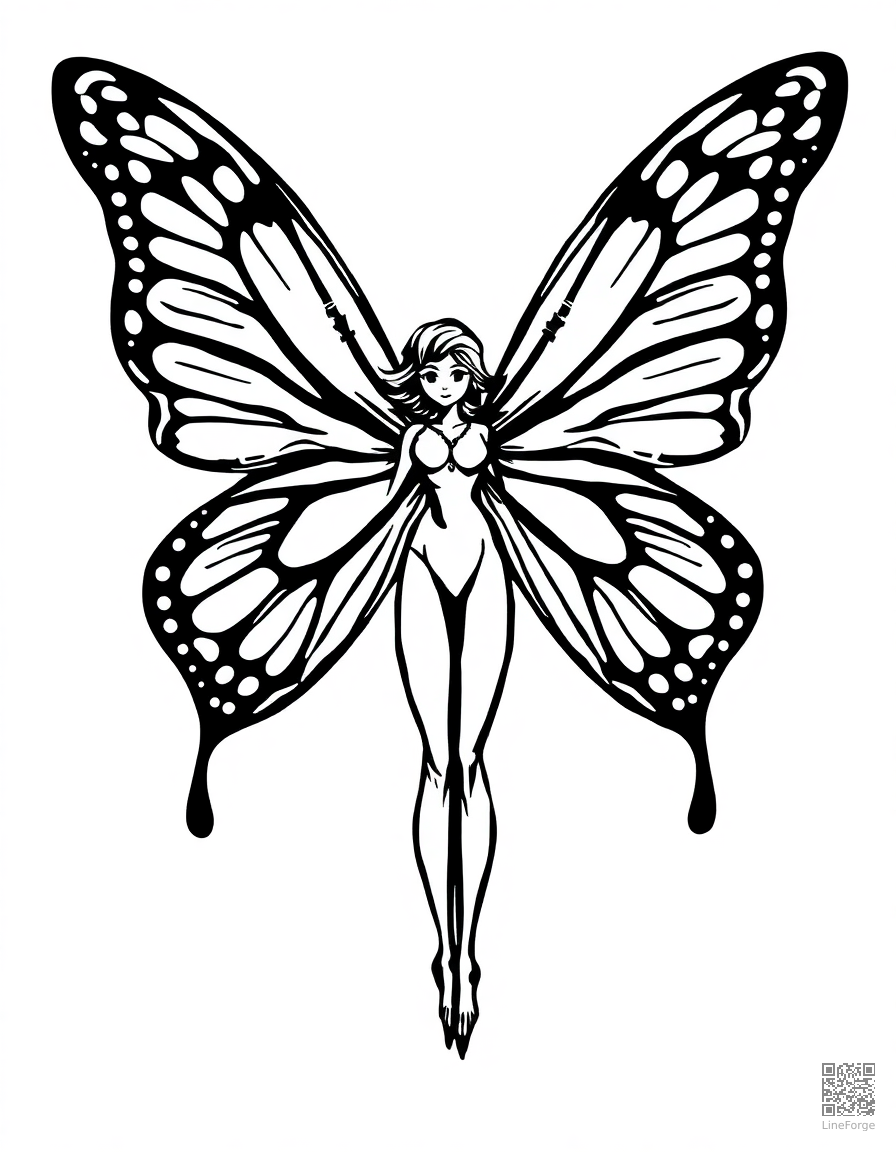 butterfly fairy with human body and butterfly wings coloring page Woodcut style - free printable