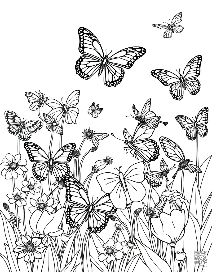 butterfly garden with many different species coloring page Contour style - free printable