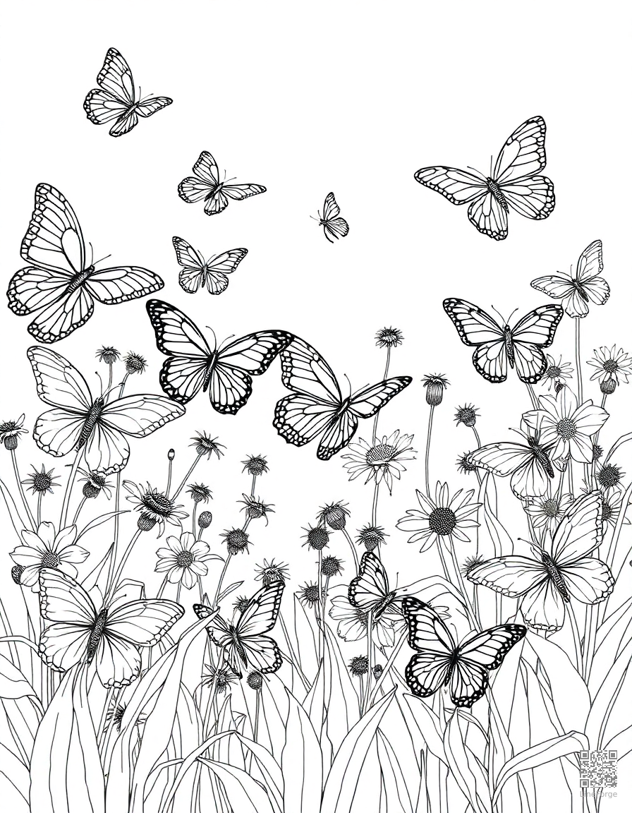butterfly garden with many different species coloring page Crosshatch style - free printable