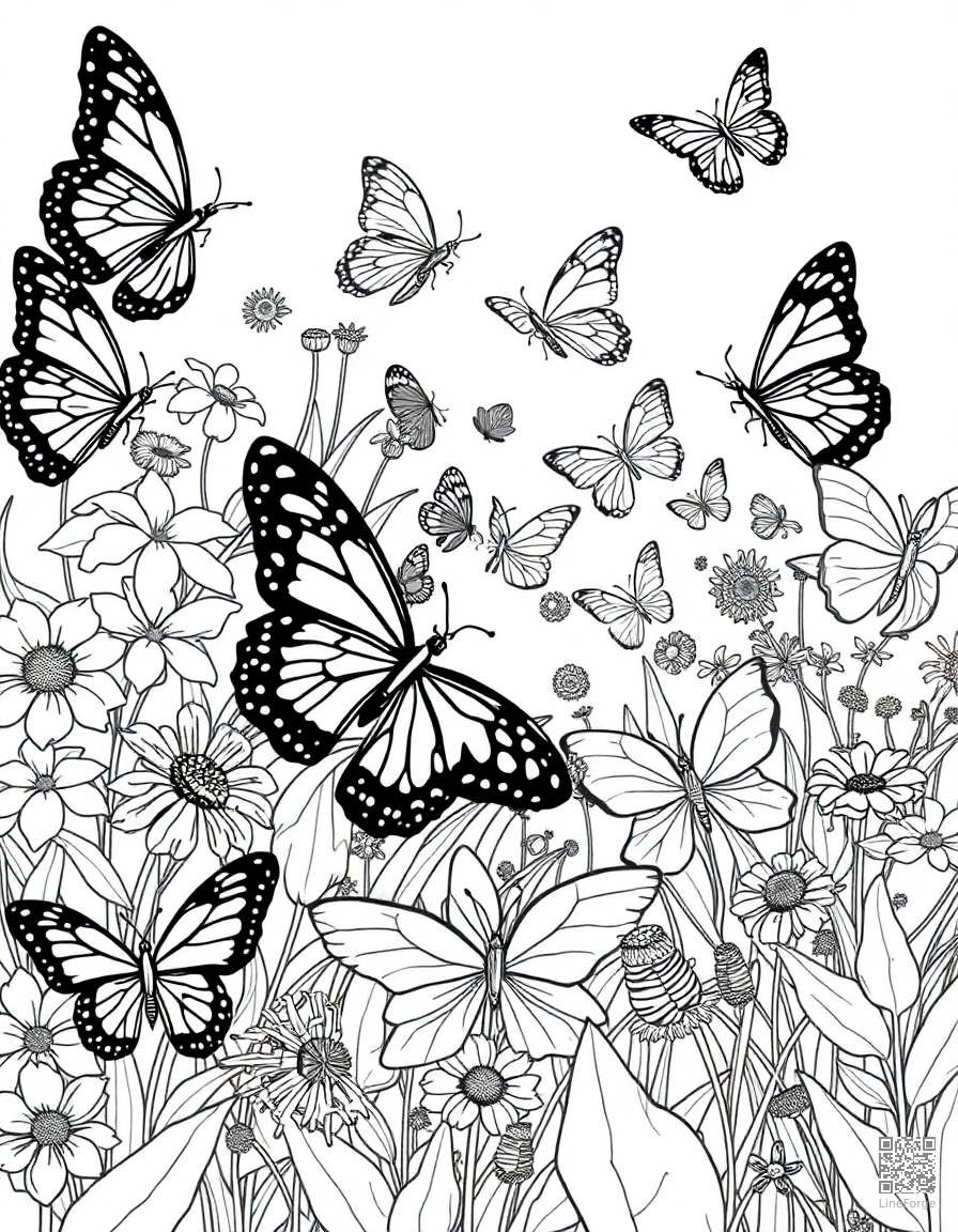 butterfly garden with many different species coloring page Manga style - free printable