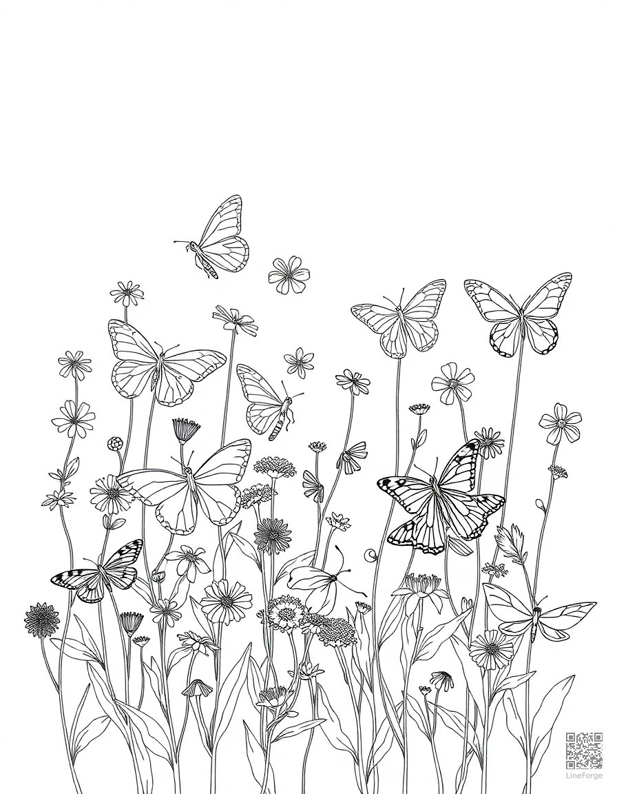 butterfly garden with many different species coloring page Minimal style - free printable
