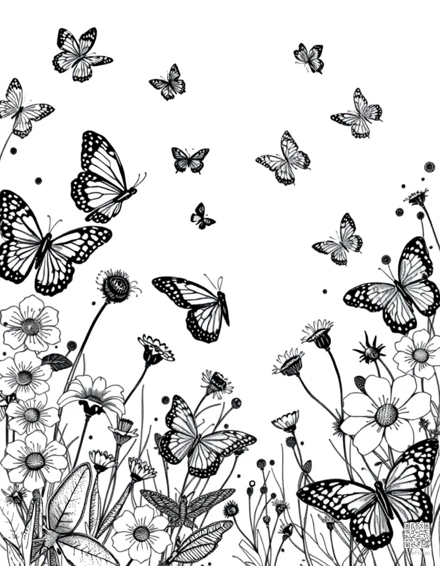 butterfly garden with many different species coloring page Stipple style - free printable