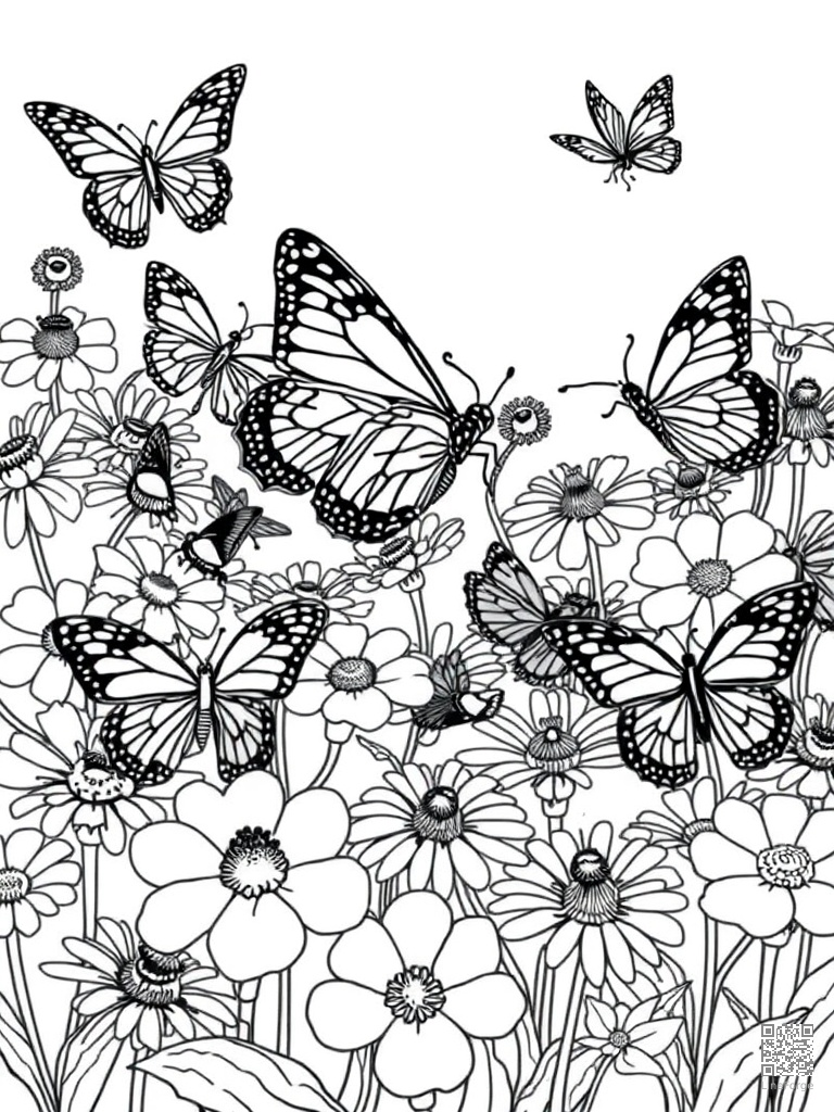 Butterfly garden with many species on flowers coloring page Contour style - free printable