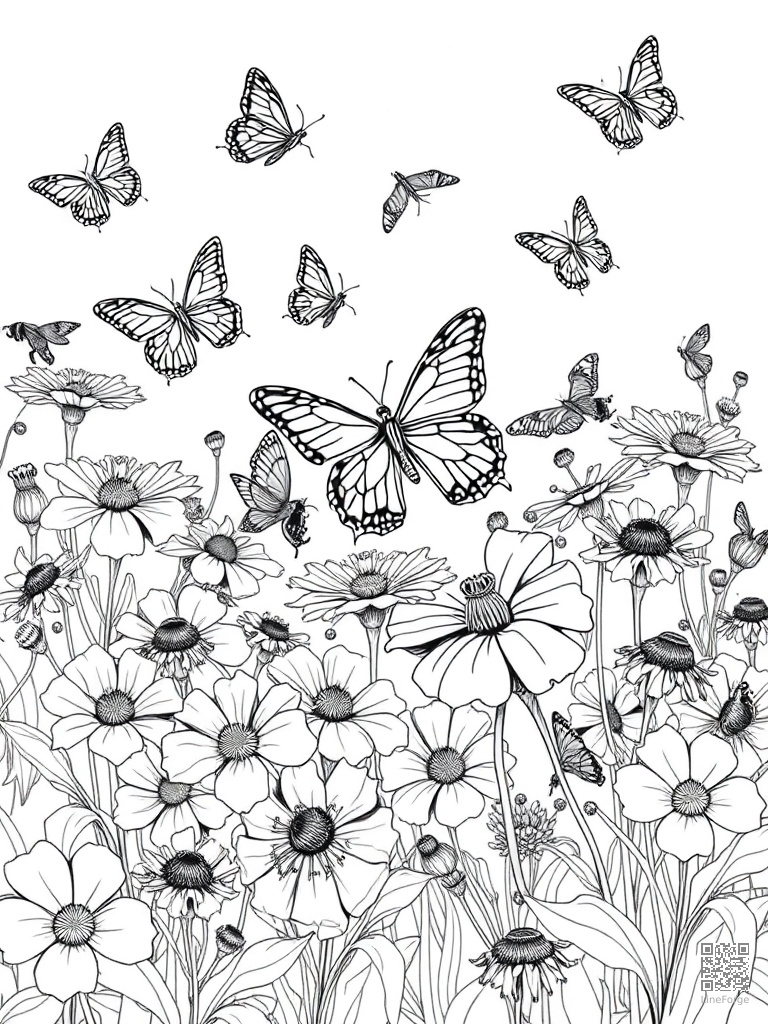 Butterfly garden with many species on flowers coloring page Crosshatch style - free printable